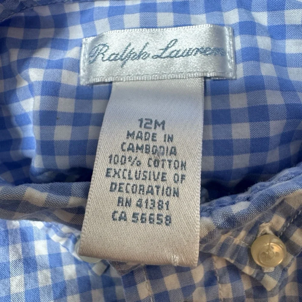 Ralph Lauren Baby Boy Blue White Check Button Up Shirt Size 12 Months Pony Logo